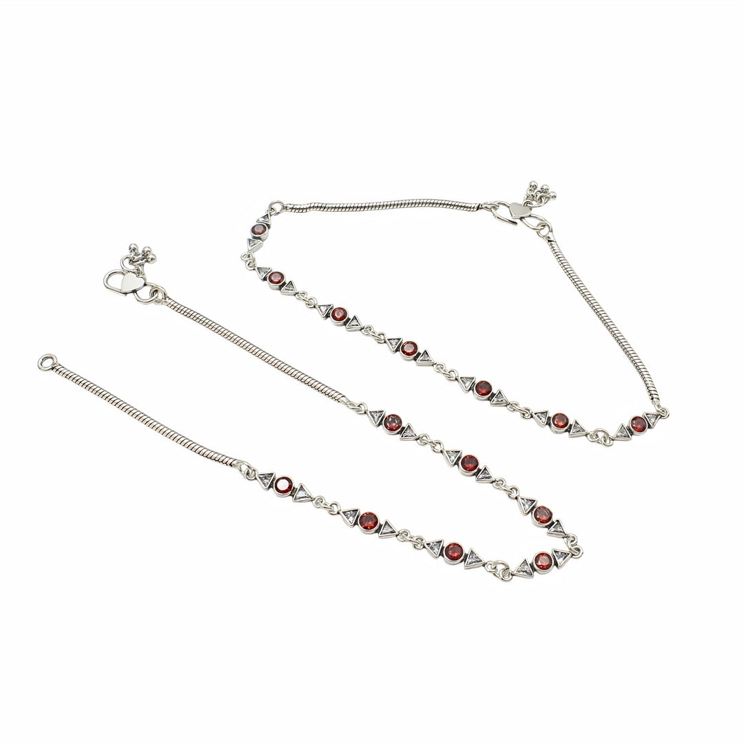 925 Sterling Silver Red White CZ Oxidised Casual Styling Anklet Pair 10.3"
