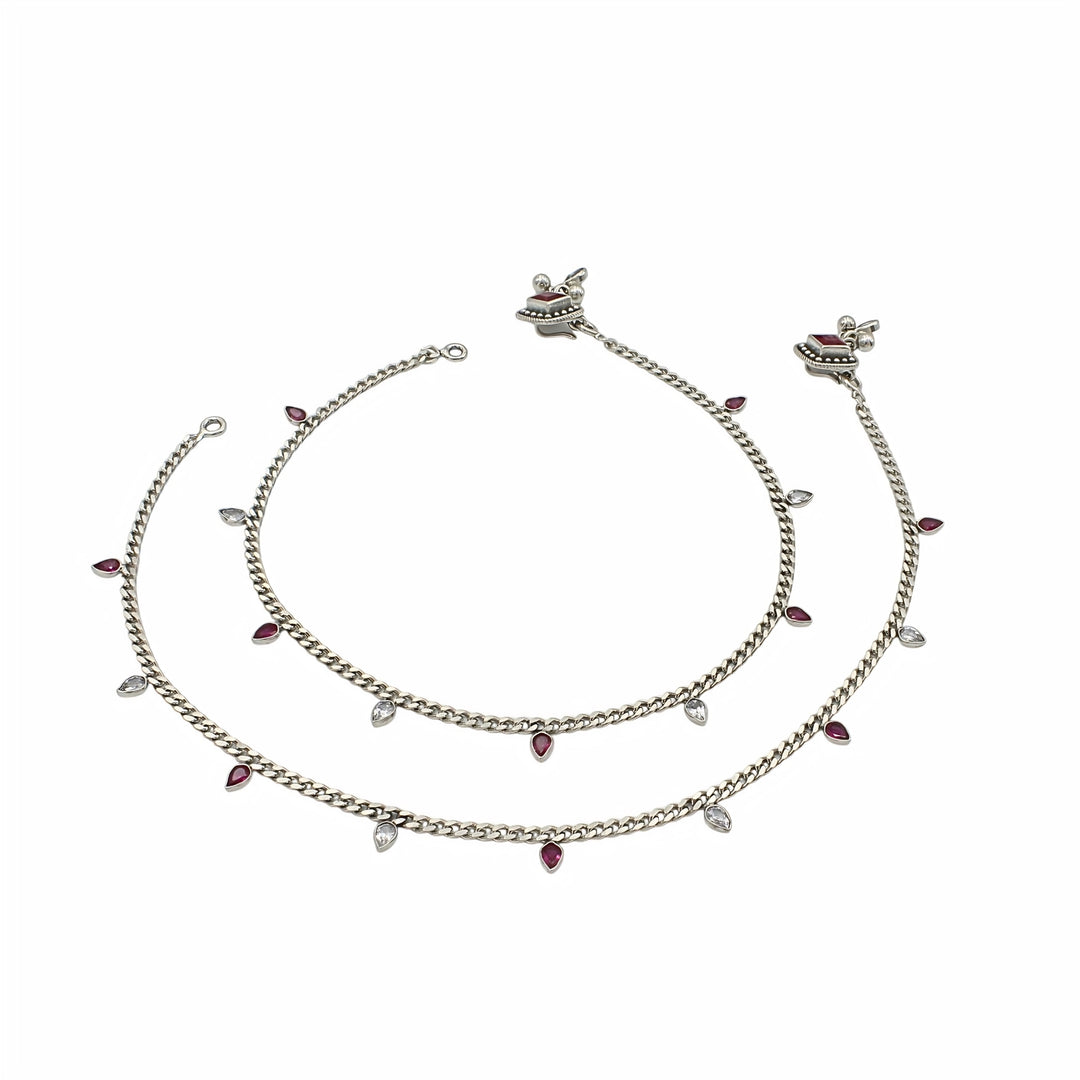 925 Sterling Silver Pink White CZ Oxidised Diva Drops Anklet Pair 10.3"