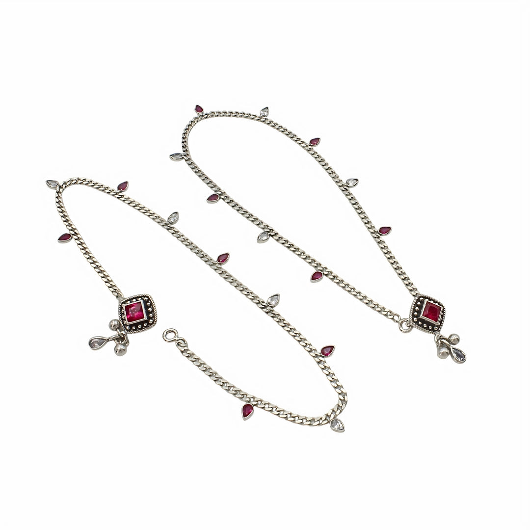 925 Sterling Silver Pink White CZ Oxidised Diva Drops Anklet Pair 10.3"