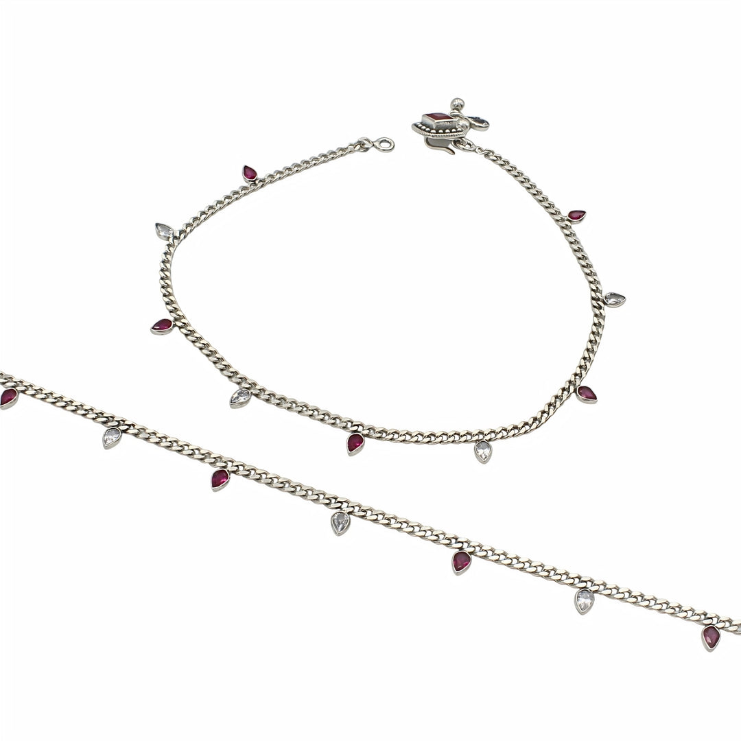925 Sterling Silver Pink White CZ Oxidised Diva Drops Anklet Pair 10.3"