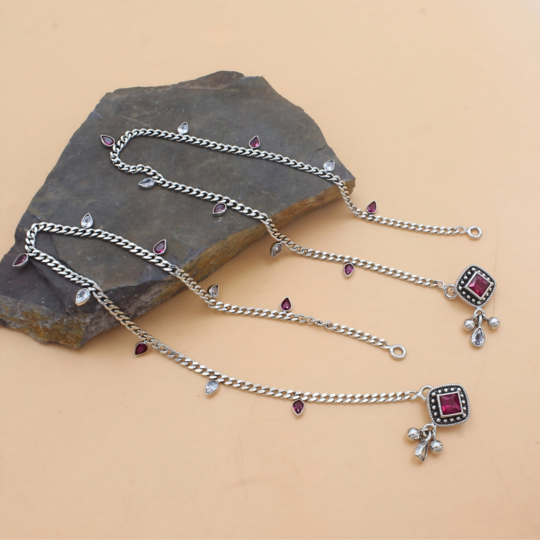 925 Sterling Silver Pink White CZ Oxidised Diva Drops Anklet Pair 10.3"
