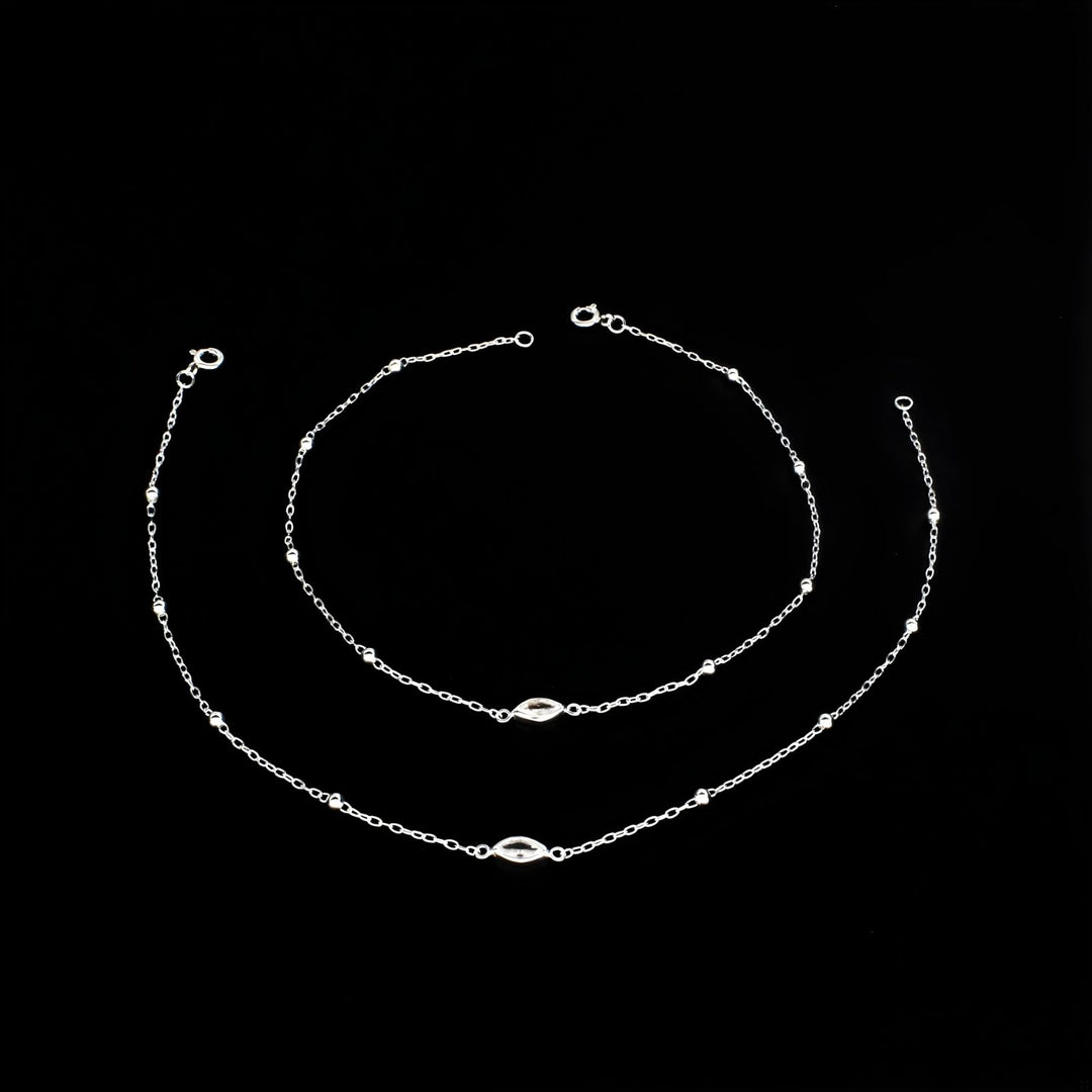 925 Sterling Silver girlish small beaded White CZ Chain Anklet Pair 10.2"