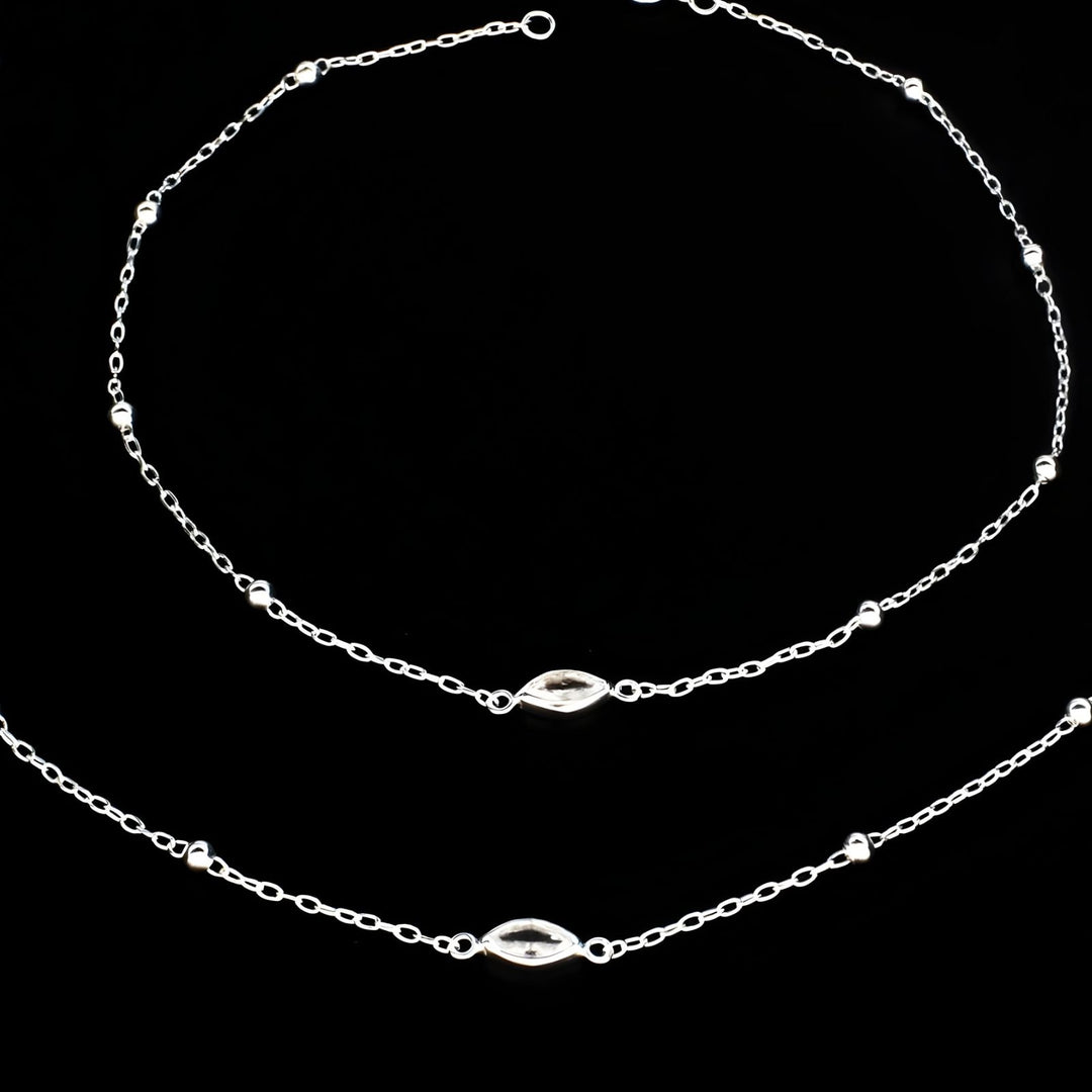 925 Sterling Silver girlish small beaded White CZ Chain Anklet Pair 10.2"