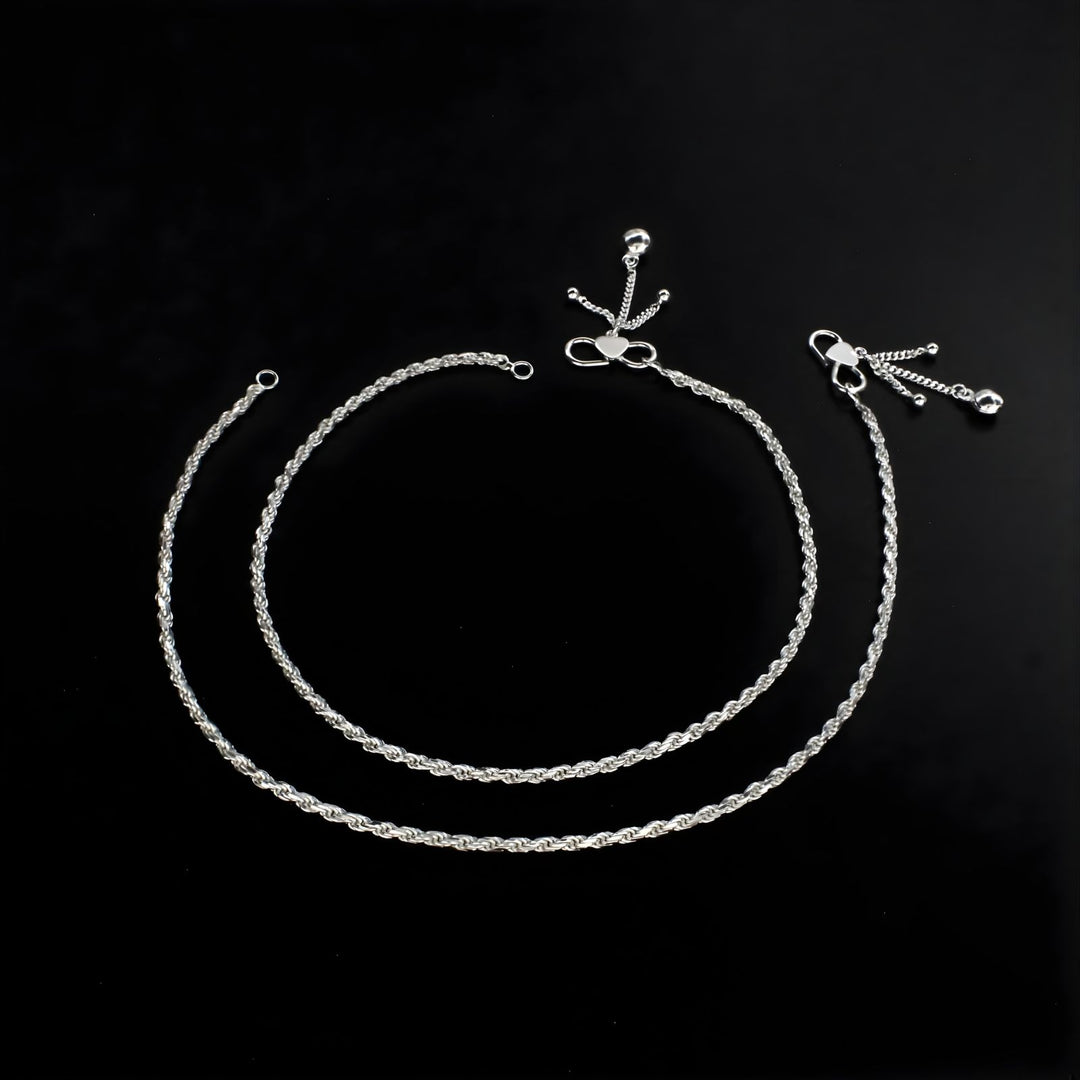 925 Sterling Silver women rope design chain Anklet Pair 10.3"