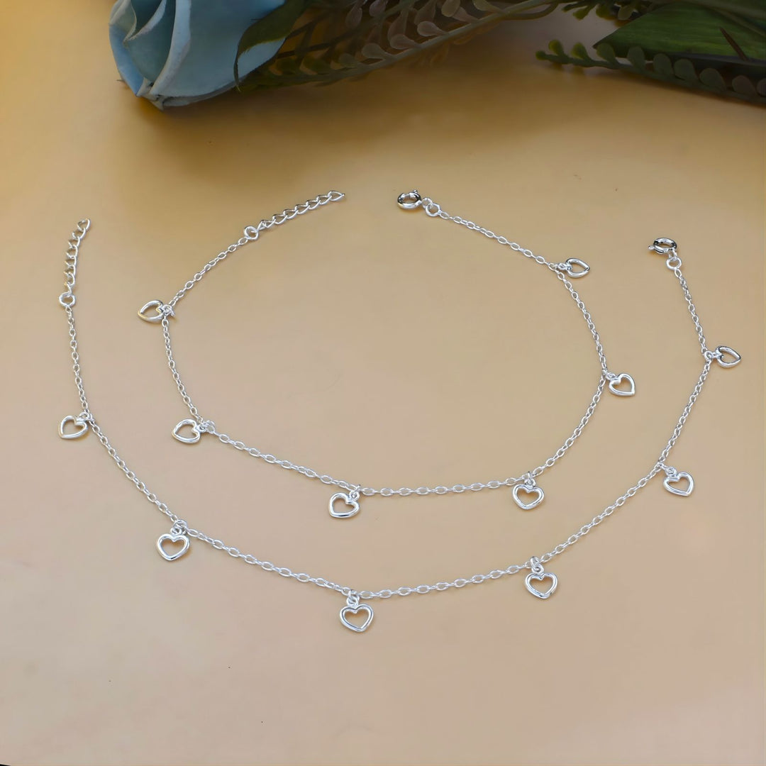 925 Sterling Silver girlish dangle Little hearts charm chain Anklet Pair 10.5"