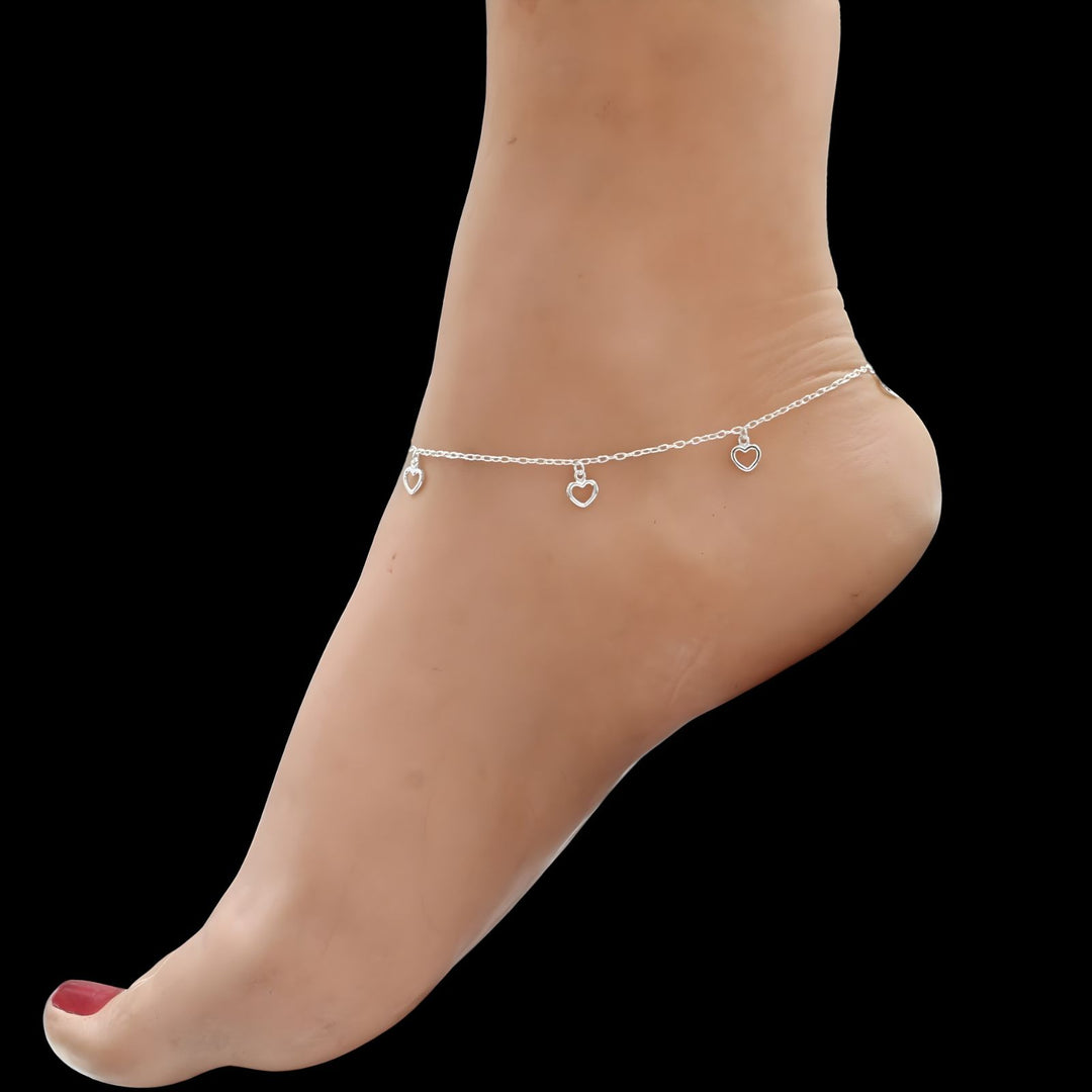 925 Sterling Silver girlish dangle Little hearts charm chain Anklet Pair 10.5"