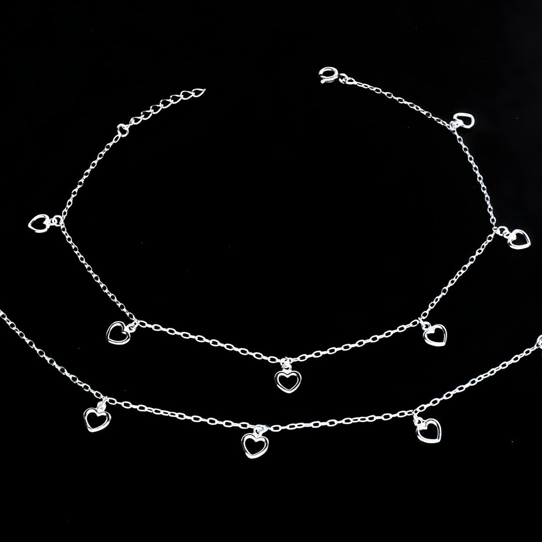 925 Sterling Silver girlish dangle Little hearts charm chain Anklet Pair 10.5"
