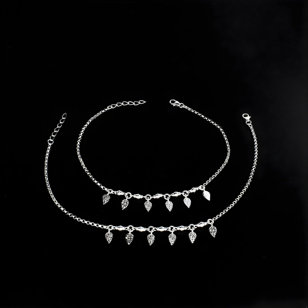 925 Sterling Silver girlish dangle Leaf charm chain Anklet Pair 10.5"