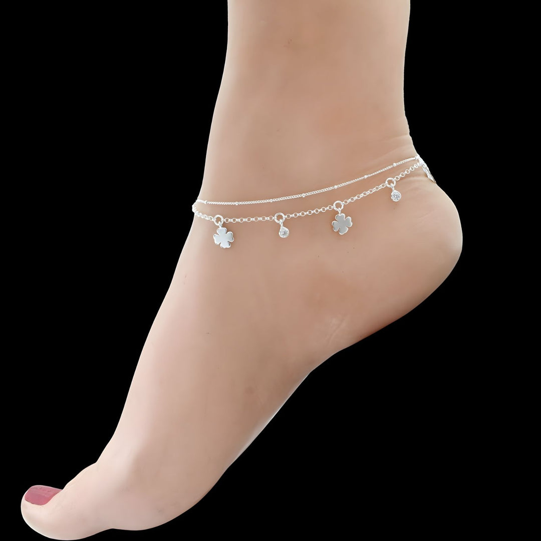 925 Sterling Silver Boho wear two Layers four leaf Clover girlish White CZ Chain Anklet Pair 10.5"