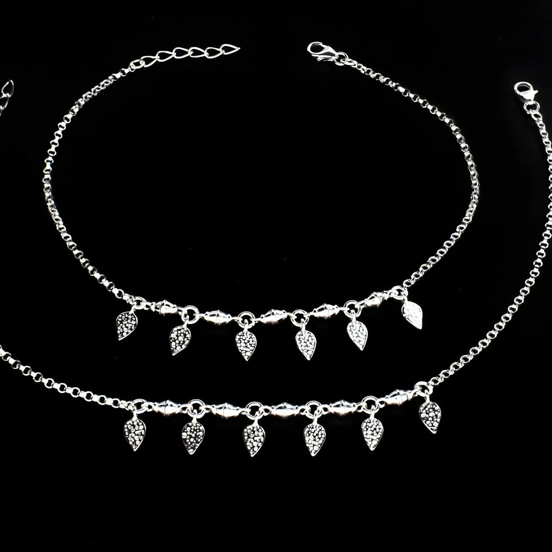 925 Sterling Silver girlish dangle Leaf charm chain Anklet Pair 10.5"