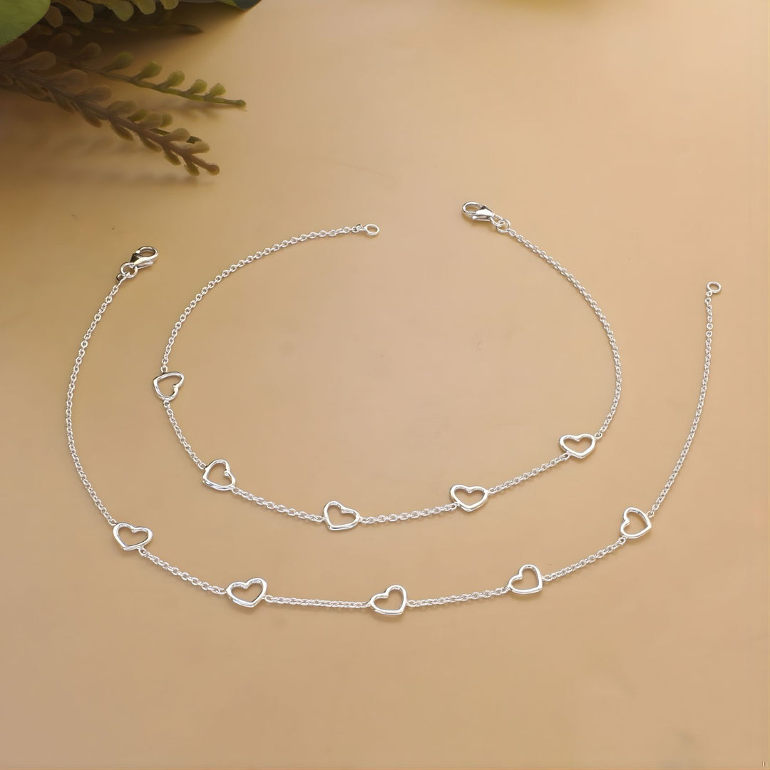 Boho style  925 Sterling Silver girlish five hearts chain Anklet Pair 10.3"
