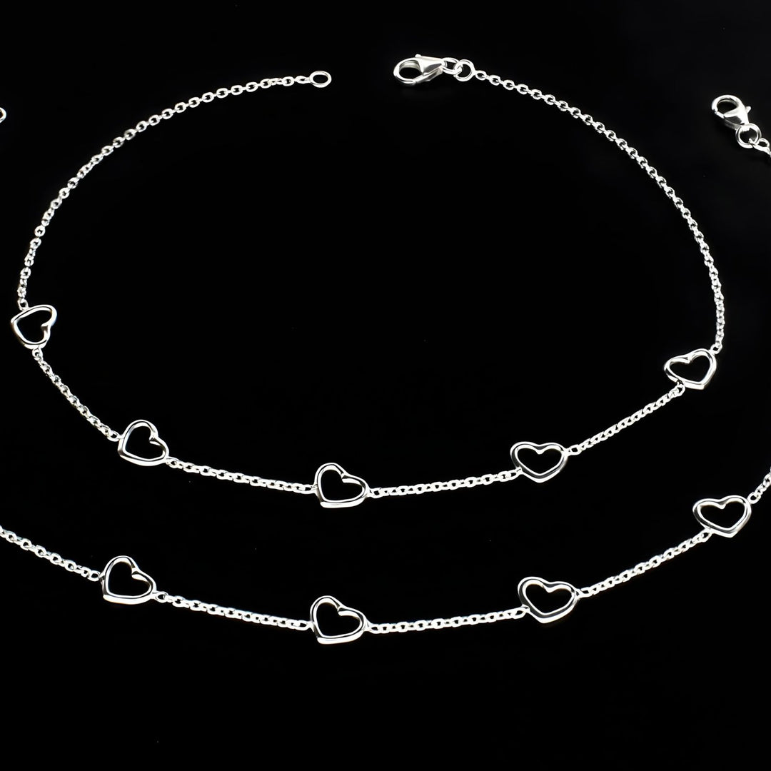 Boho style  925 Sterling Silver girlish five hearts chain Anklet Pair 10.3"