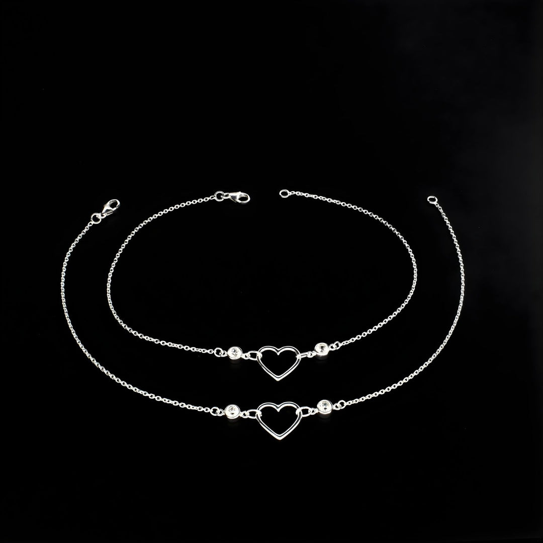 Dainty 925 Sterling Silver girlish White CZ heart Chain Anklet Pair 10.3"