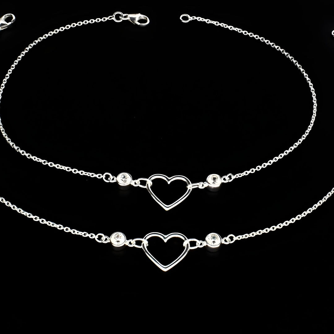 Dainty 925 Sterling Silver girlish White CZ heart Chain Anklet Pair 10.3"