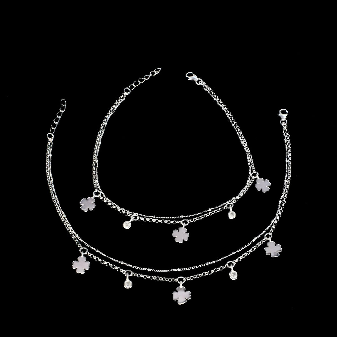 925 Sterling Silver Boho wear two Layers four leaf Clover girlish White CZ Chain Anklet Pair 10.5"