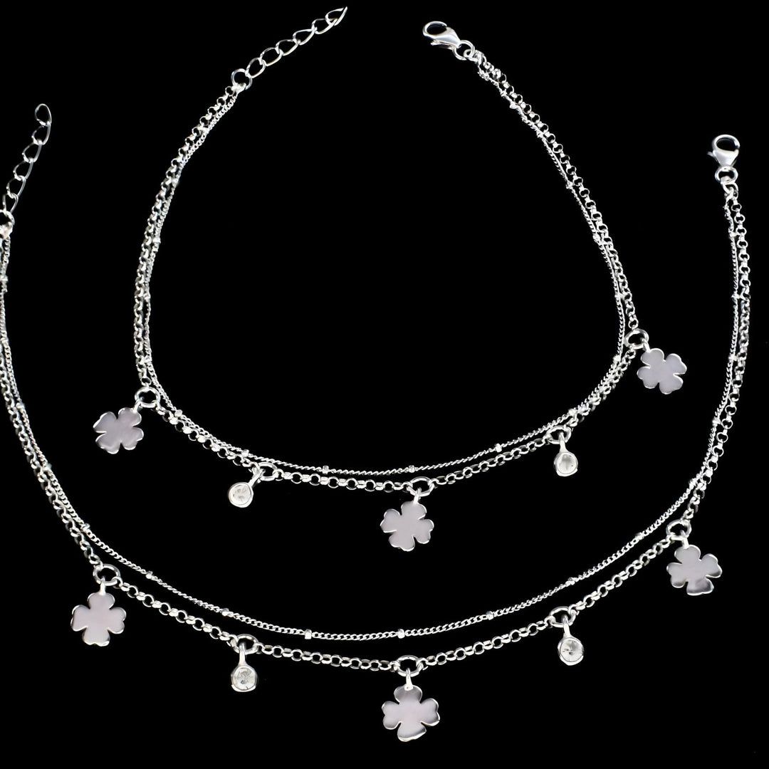 925 Sterling Silver Boho wear two Layers four leaf Clover girlish White CZ Chain Anklet Pair 10.5"