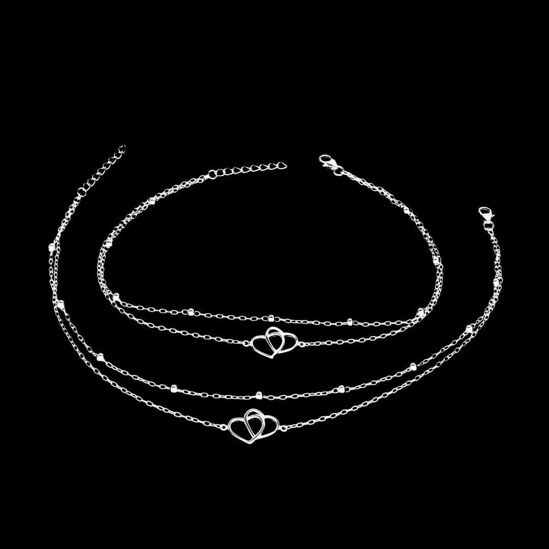 Girlish 925 Sterling Silver Beaded Double Layered Love Heart beach Foot Anklet Pair 11"