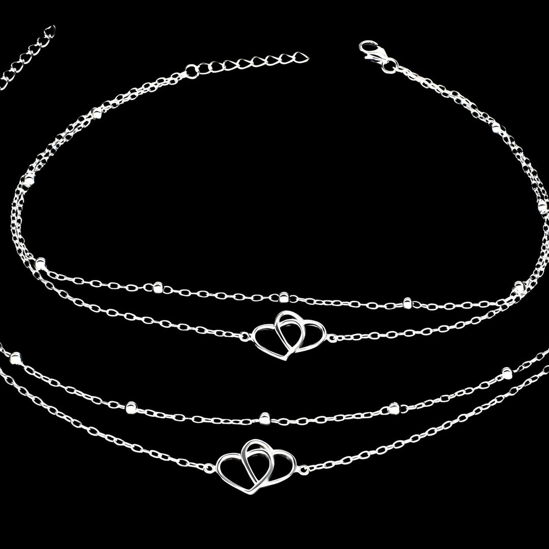 Girlish 925 Sterling Silver Beaded Double Layered Love Heart beach Foot Anklet Pair 11"