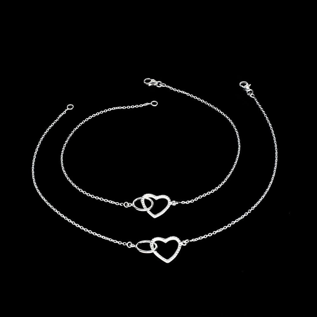 925 Sterling Silver girlish Mini Heart Link Bracelet Chain Anklet Pair 10.3"