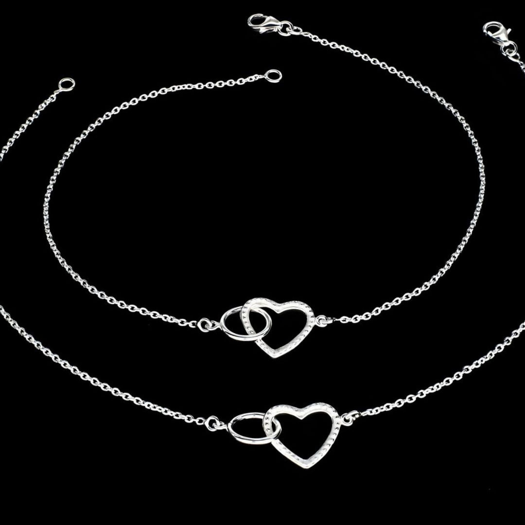 925 Sterling Silver girlish Mini Heart Link Bracelet Chain Anklet Pair 10.3"