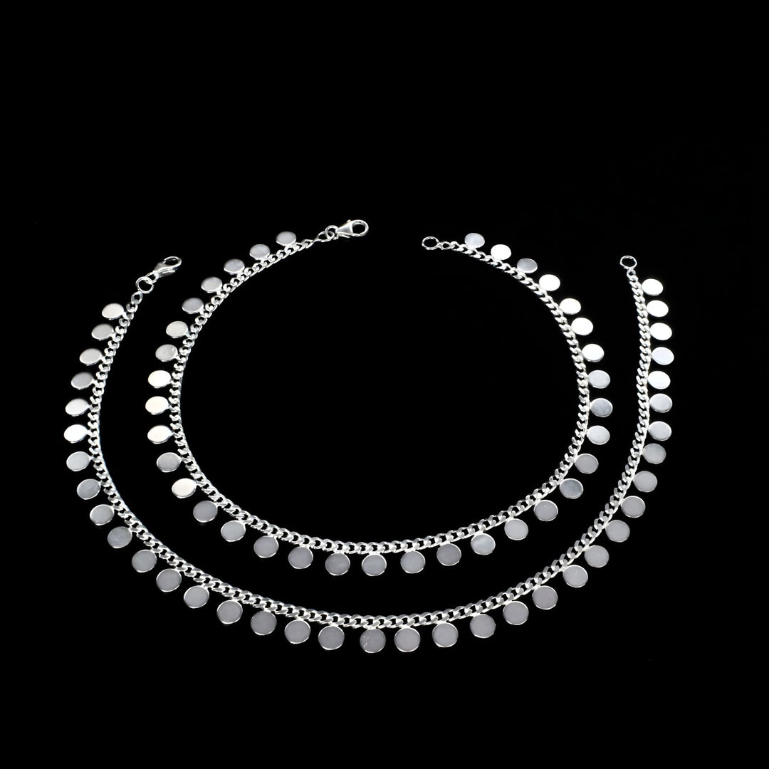 925 Sterling Silver girlish Round shaped mini Coin Anklet Pair 10.3"