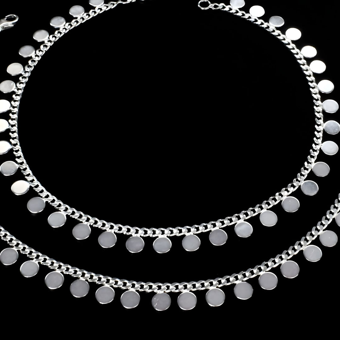 925 Sterling Silver girlish Round shaped mini Coin Anklet Pair 10.3"