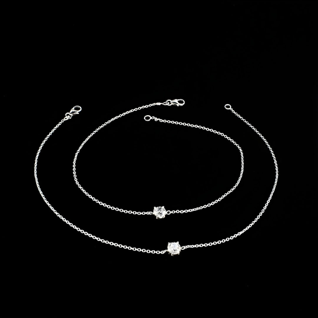 Dainty 925 Sterling Silver girlish White CZ Chain Anklet Pair 10.3"
