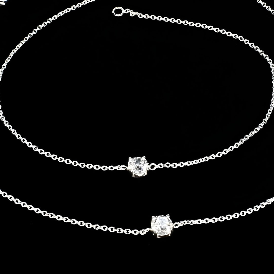 Dainty 925 Sterling Silver girlish White CZ Chain Anklet Pair 10.3"