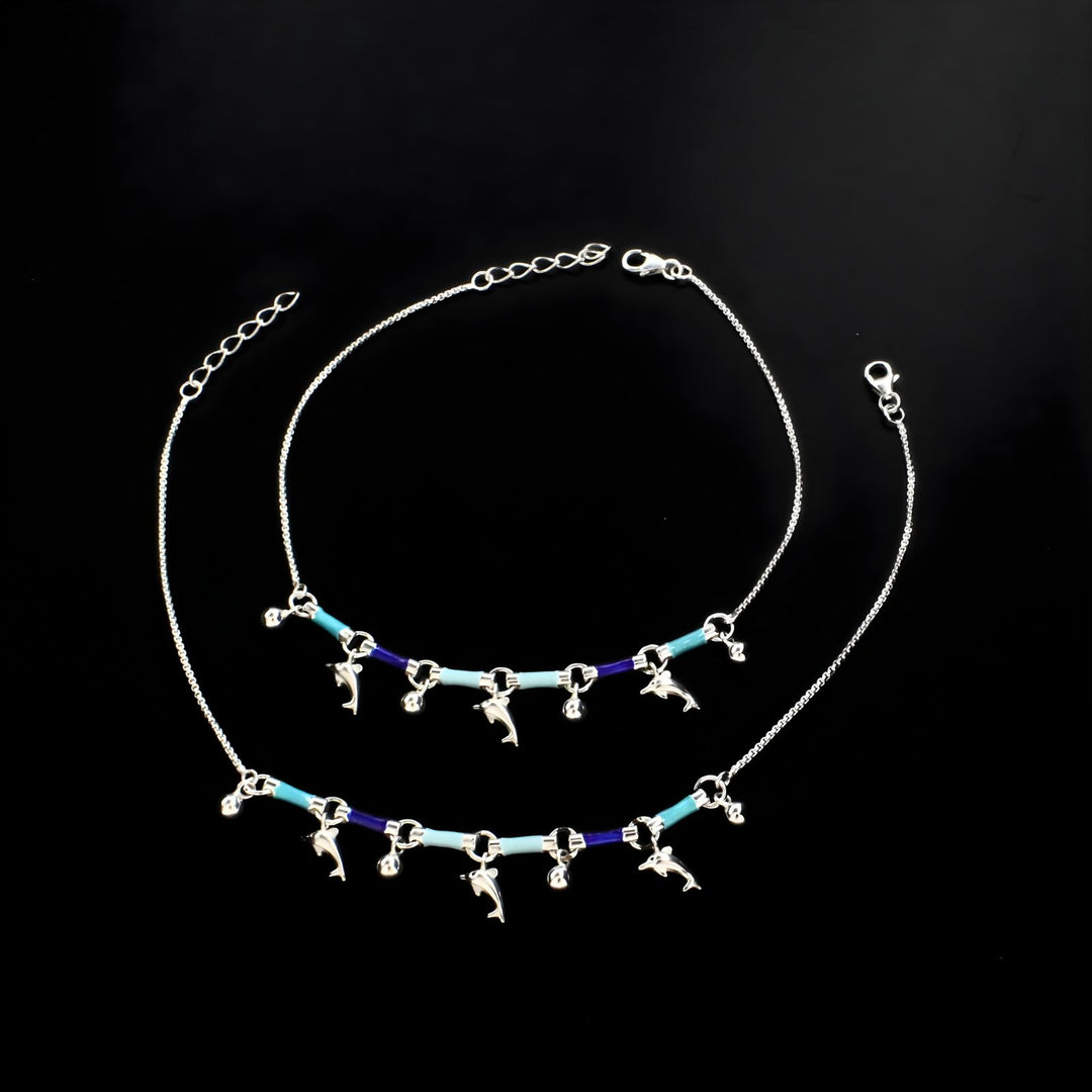 925 Sterling Silver girlish dangle Dolphins charms Anklet Pair 10.4"