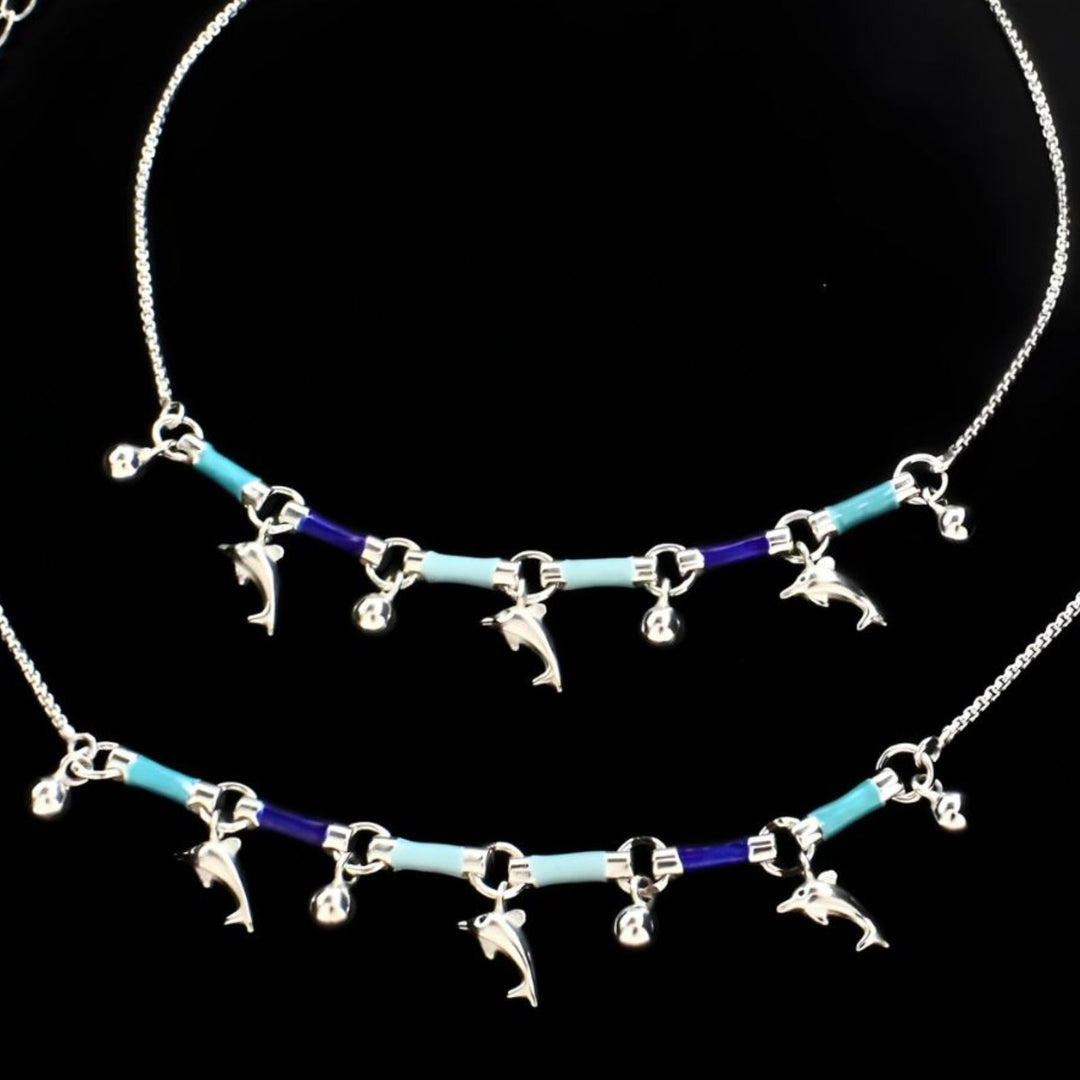 925 Sterling Silver girlish dangle Dolphins charms Anklet Pair 10.4"
