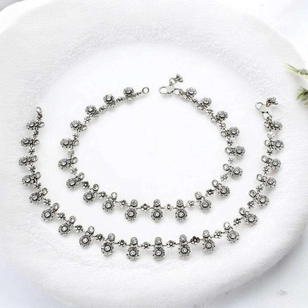 925 Sterling Silver White CZ Oxidised divine flower Anklet Pair 10.5"