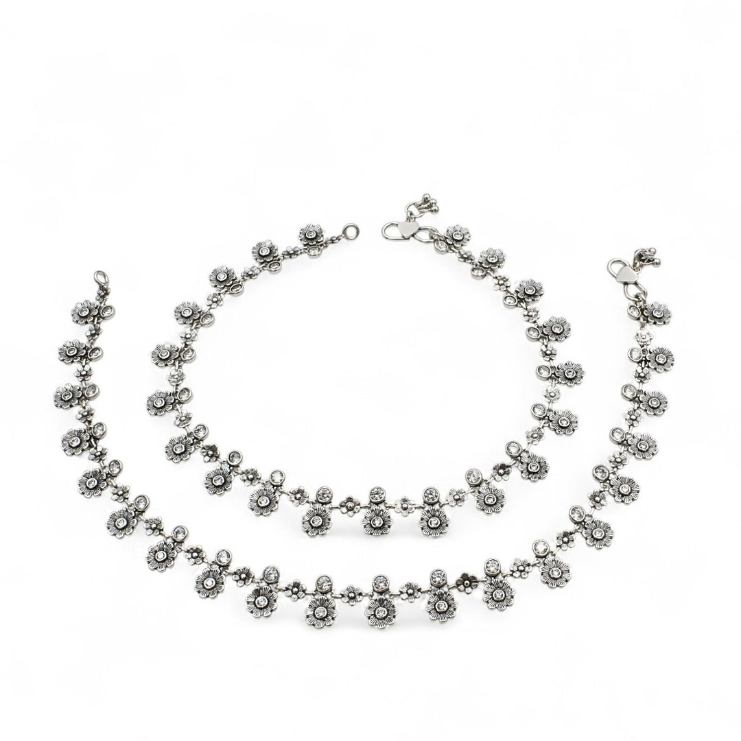925 Sterling Silver White CZ Oxidised divine flower Anklet Pair 10.5"