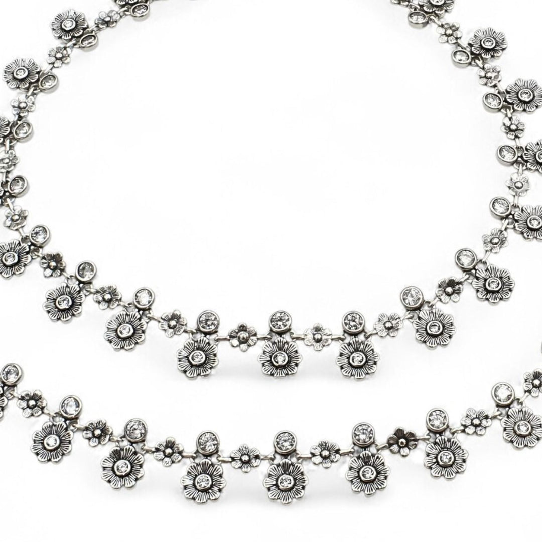 925 Sterling Silver White CZ Oxidised divine flower Anklet Pair 10.5"