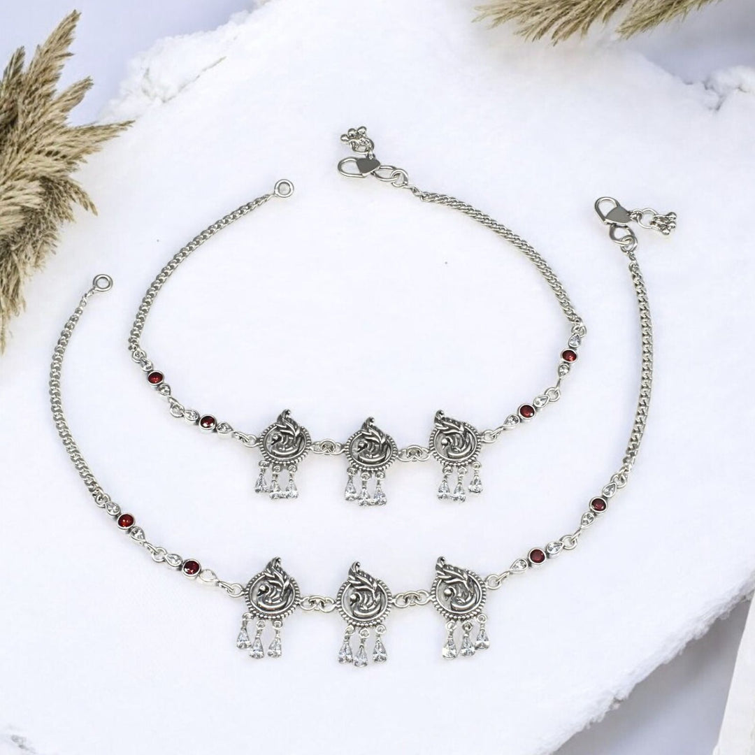 925 Sterling Silver orange white CZ Oxidised peacock Anklet Pair 10.3"