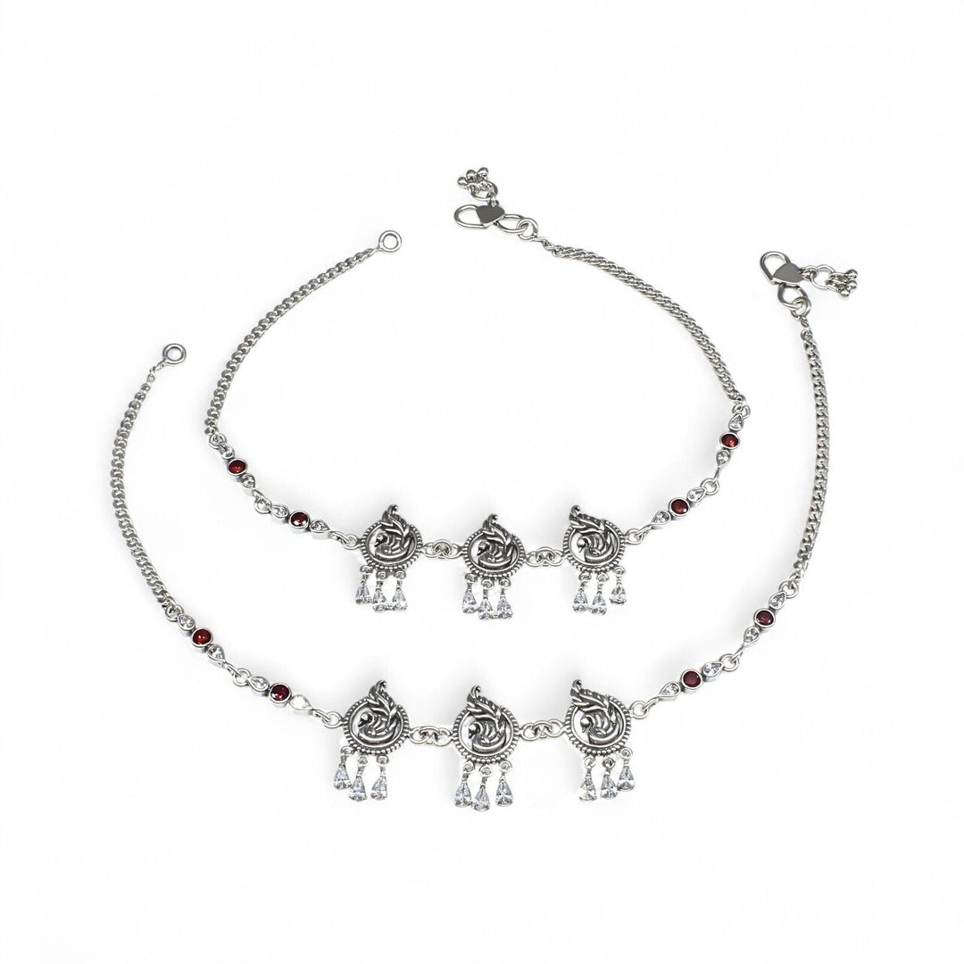 925 Sterling Silver orange white CZ Oxidised peacock Anklet Pair 10.3"