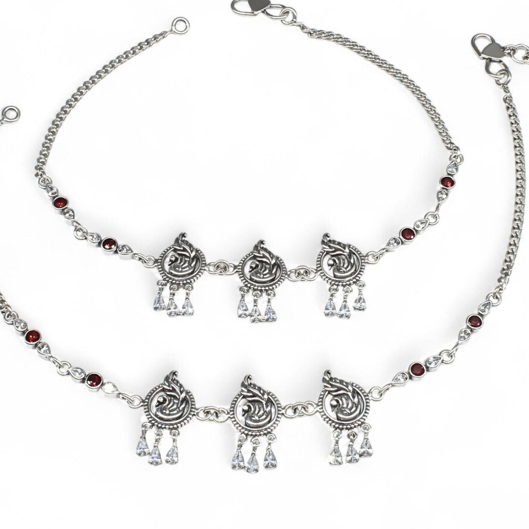 925 Sterling Silver orange white CZ Oxidised peacock Anklet Pair 10.3"