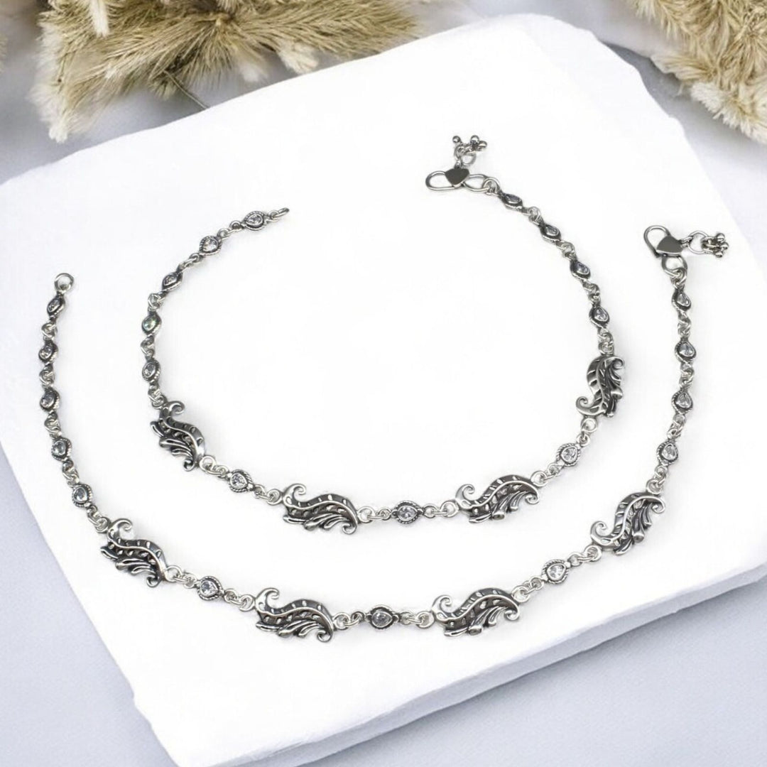 Beach wear 925 Sterling Silver white CZ Oxidised Anklet Pair 10.3"