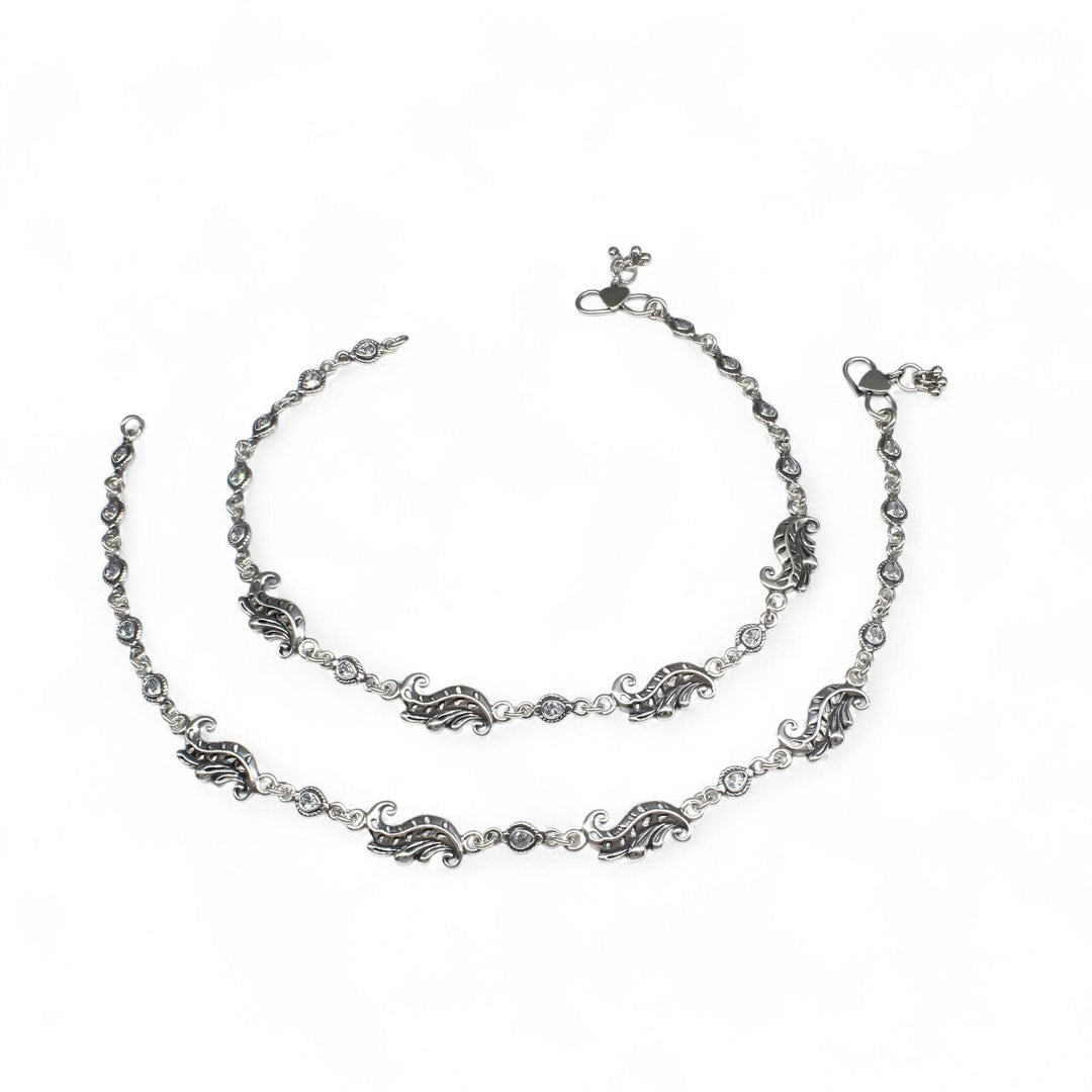Beach wear 925 Sterling Silver white CZ Oxidised Anklet Pair 10.3"
