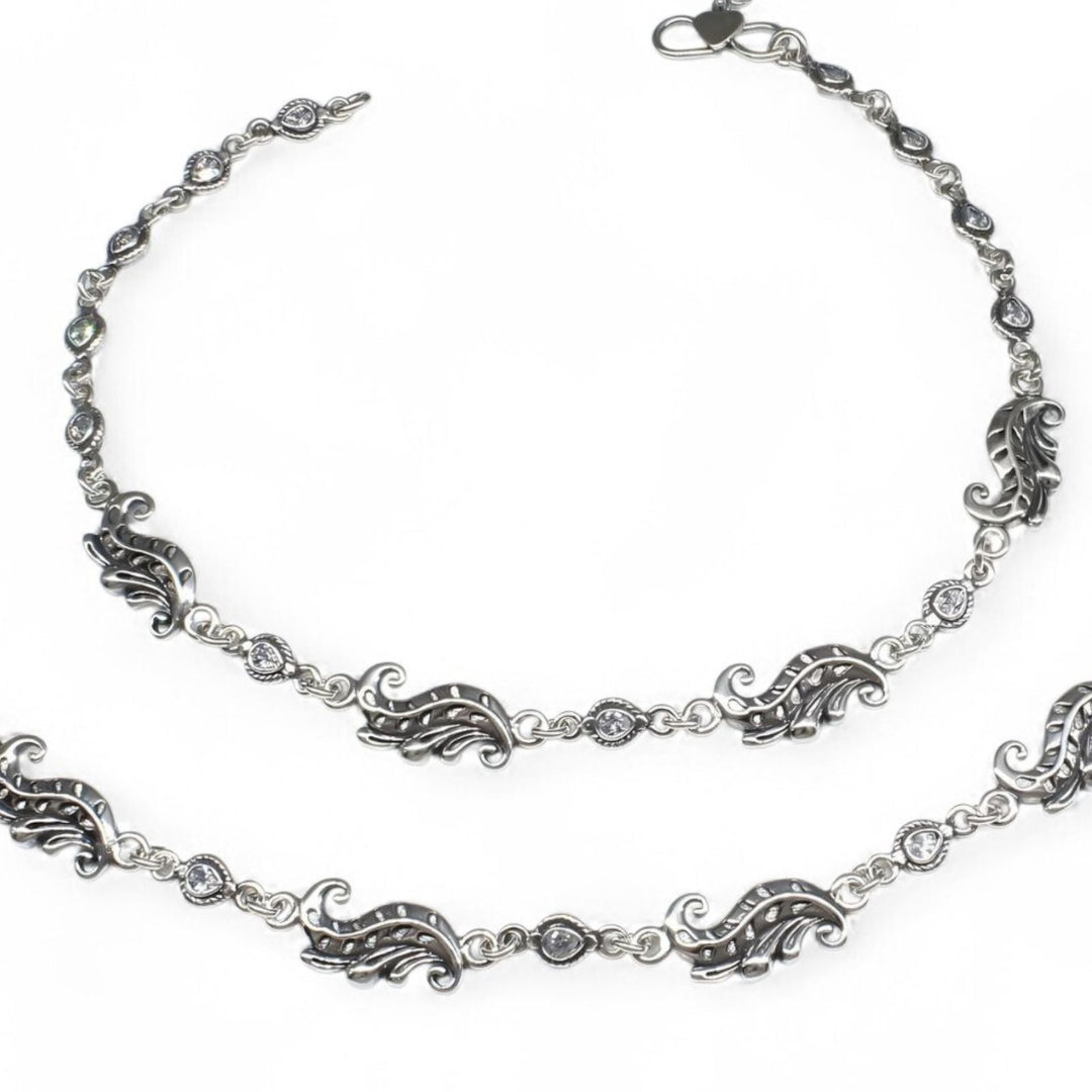 Beach wear 925 Sterling Silver white CZ Oxidised Anklet Pair 10.3"