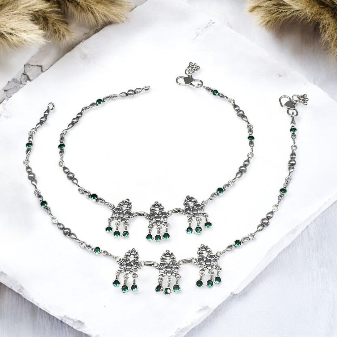 Traditional Peacock design 925 Sterling Silver Green white CZ Oxidised Anklet Pair 10.5"
