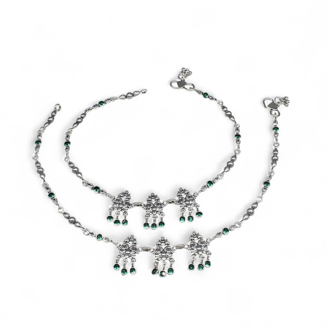 Traditional Peacock design 925 Sterling Silver Green white CZ Oxidised Anklet Pair 10.5"