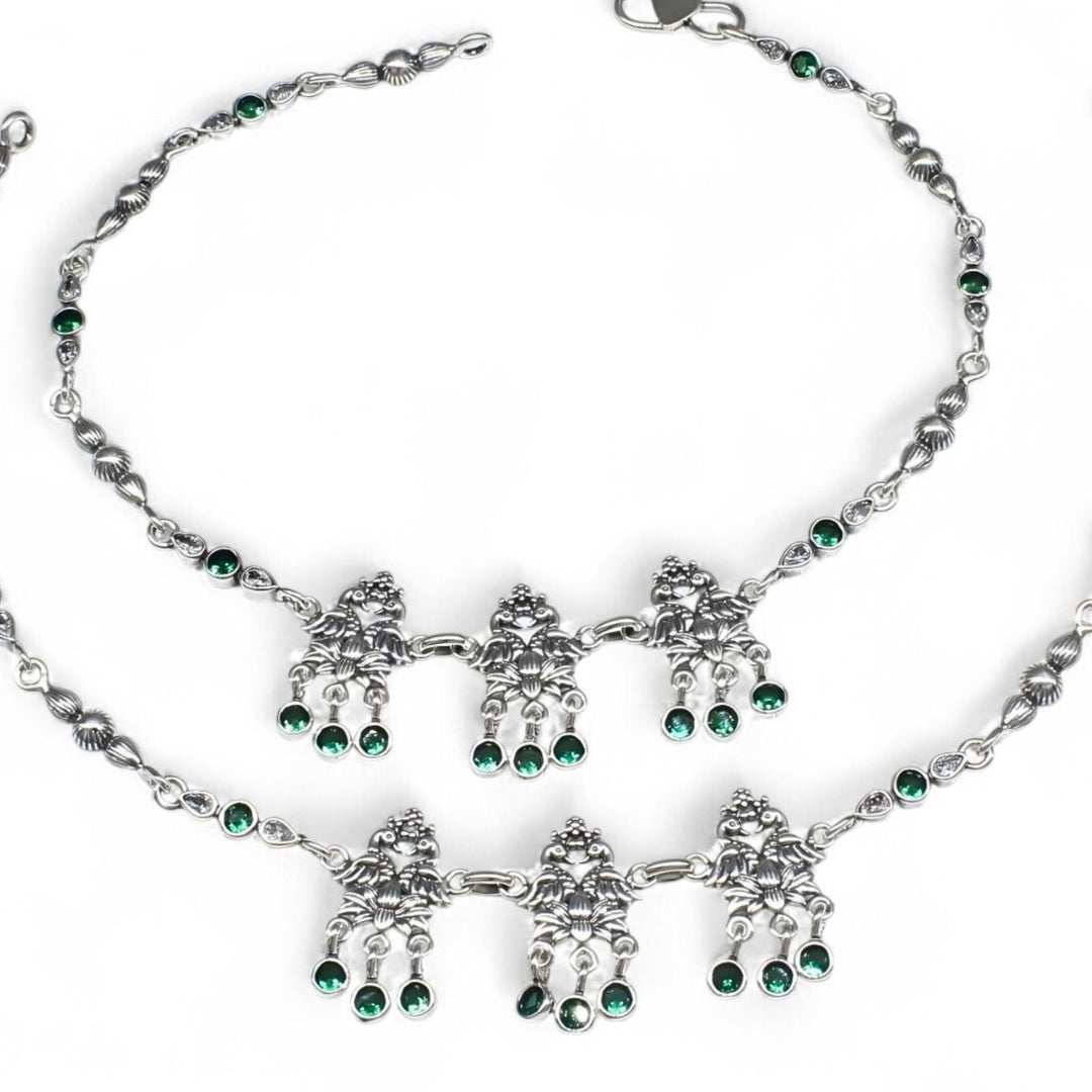 Traditional Peacock design 925 Sterling Silver Green white CZ Oxidised Anklet Pair 10.5"