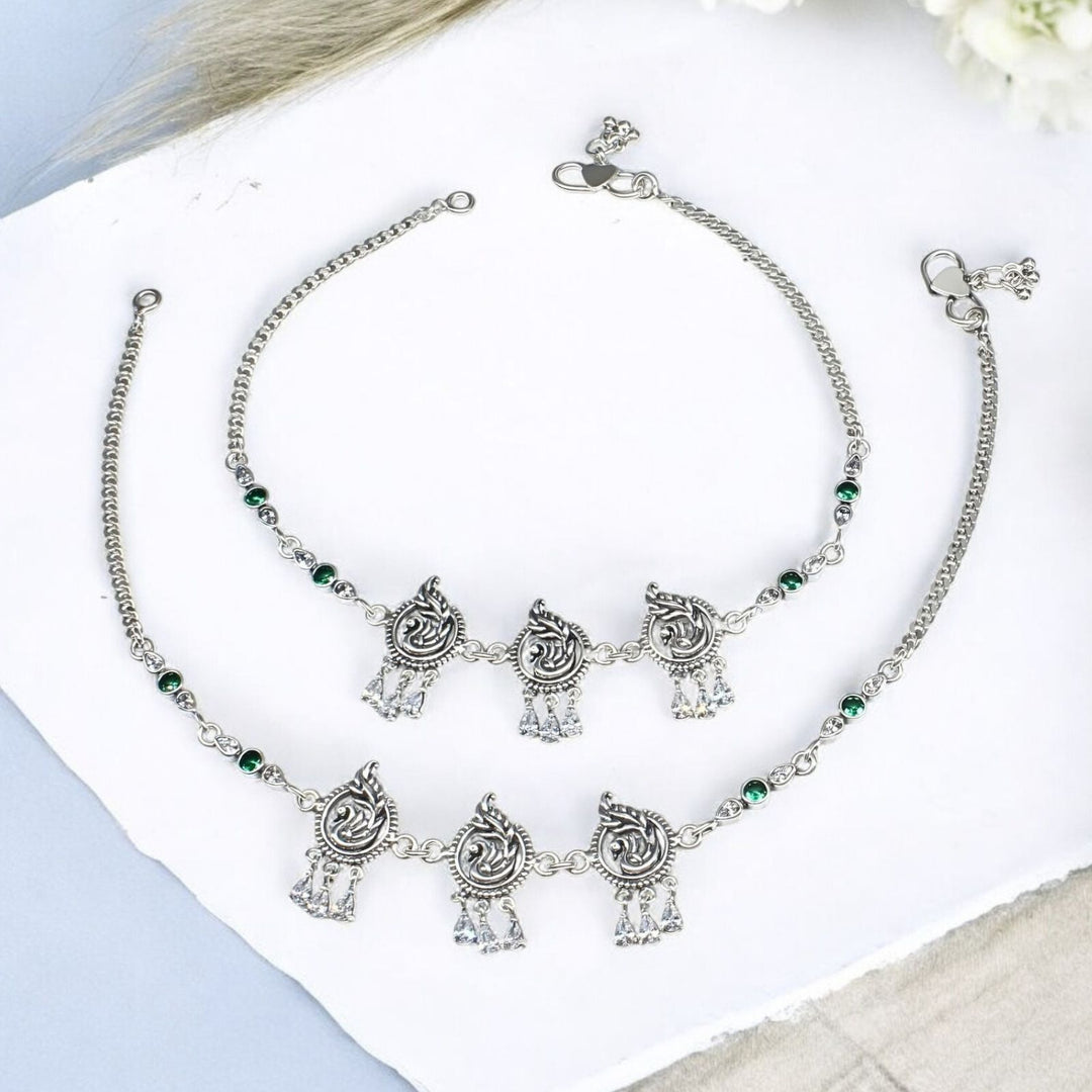 Unique Peacock design 925 Sterling Silver Green white CZ Oxidized Anklet Pair 10.3"