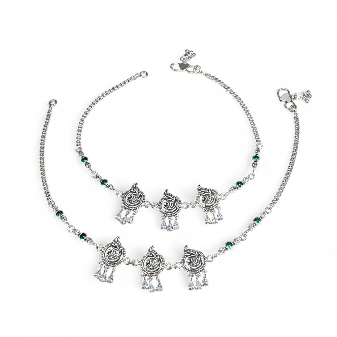 Unique Peacock design 925 Sterling Silver Green white CZ Oxidized Anklet Pair 10.3"
