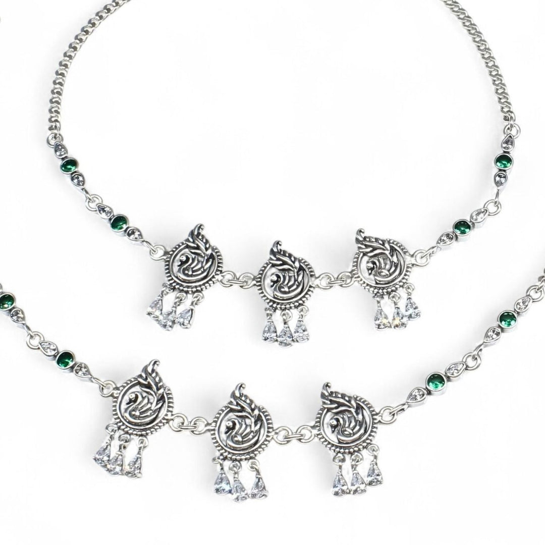 Unique Peacock design 925 Sterling Silver Green white CZ Oxidized Anklet Pair 10.3"