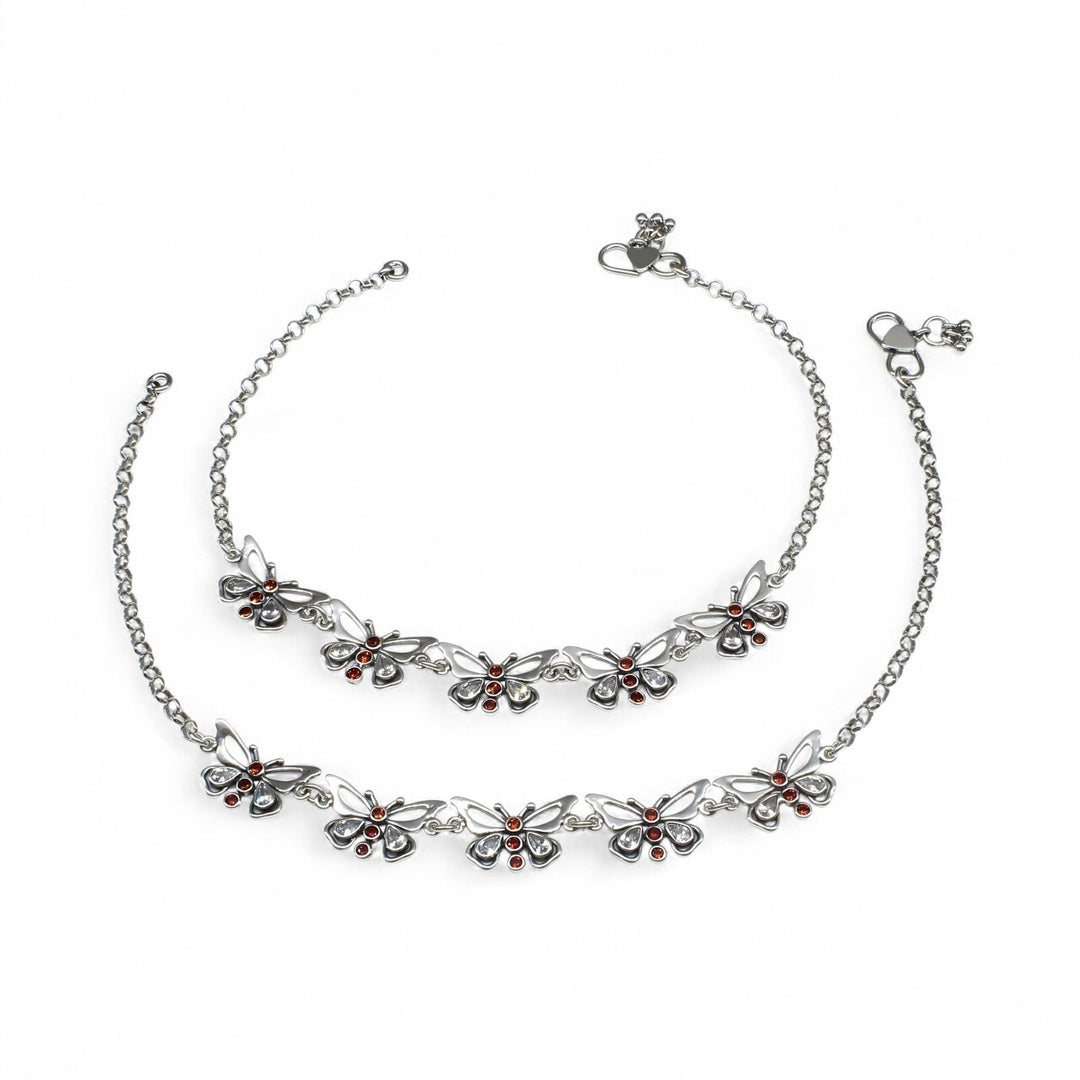 925 Sterling Silver orange white CZ Oxidized Elegant Butterfly Anklet Pair 10.3"