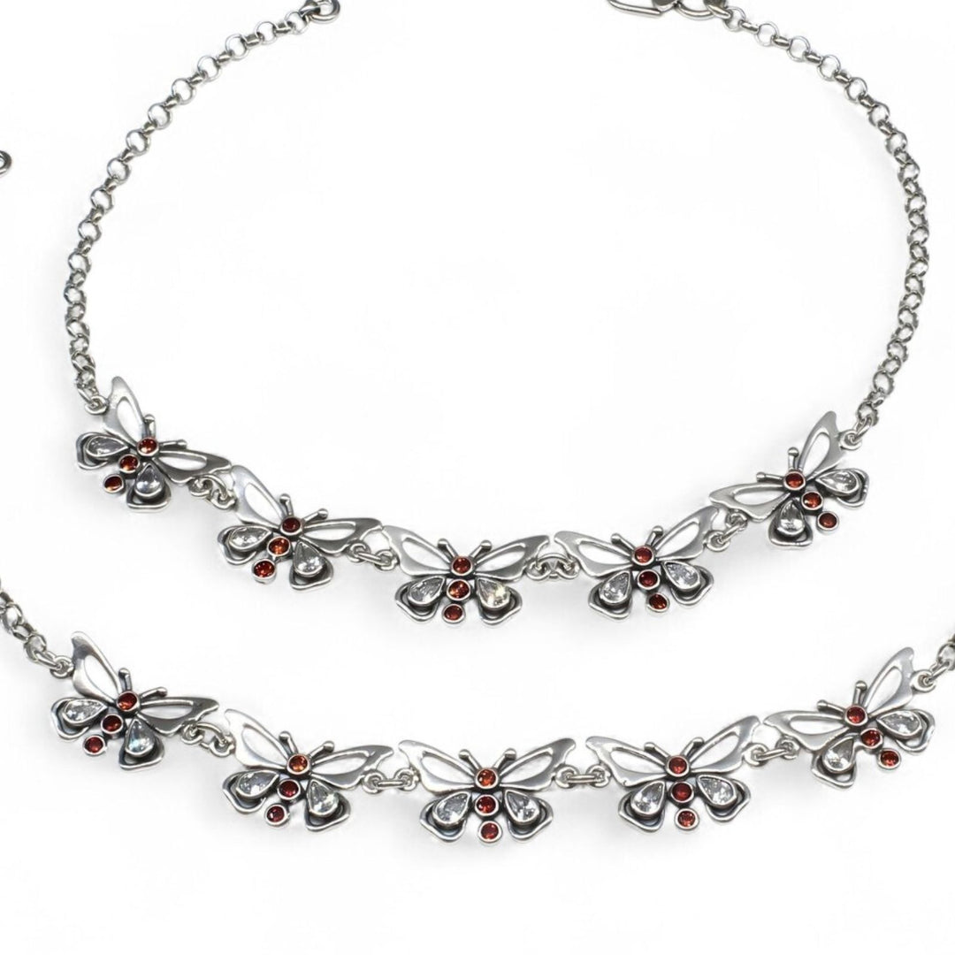 925 Sterling Silver orange white CZ Oxidized Elegant Butterfly Anklet Pair 10.3"