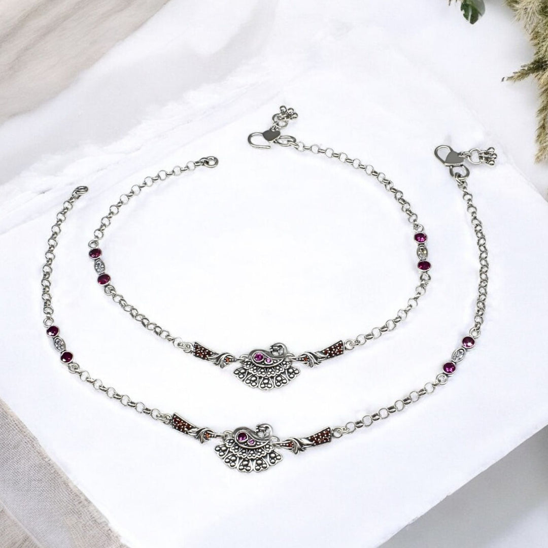925 Sterling Silver Multi CZ Oxidized divine peacock design Anklet Pair 10.3"