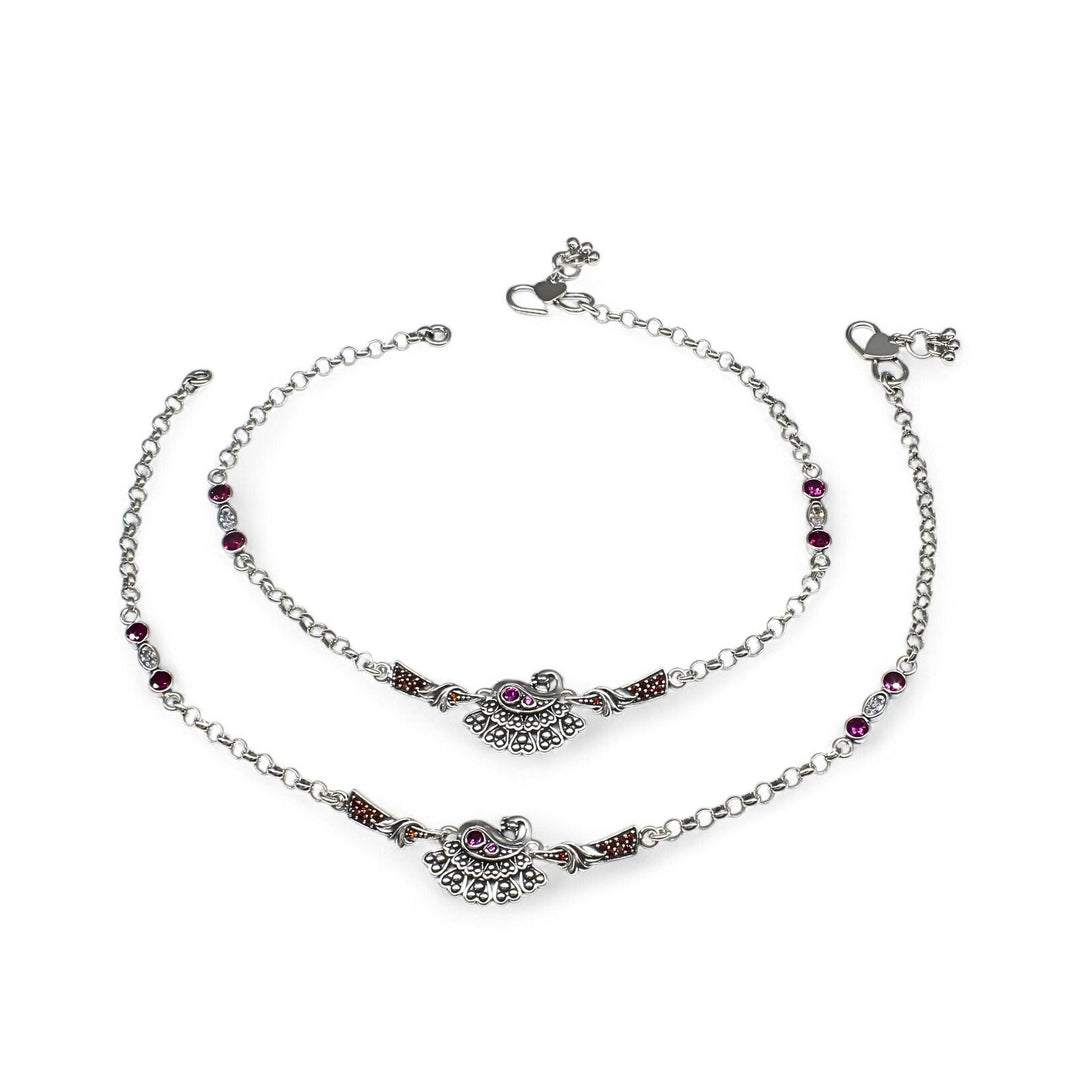 925 Sterling Silver Multi CZ Oxidized divine peacock design Anklet Pair 10.3"