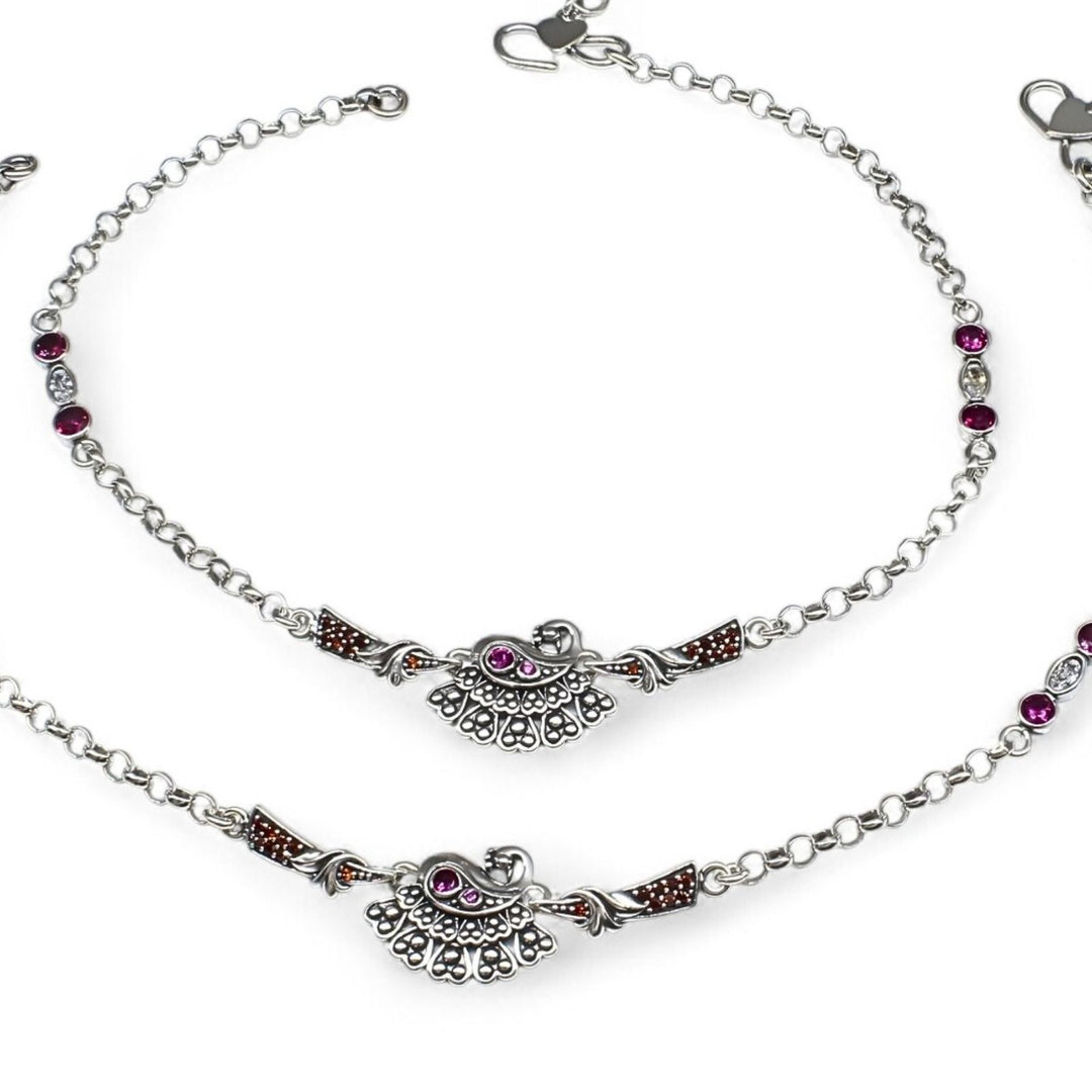925 Sterling Silver Multi CZ Oxidized divine peacock design Anklet Pair 10.3"